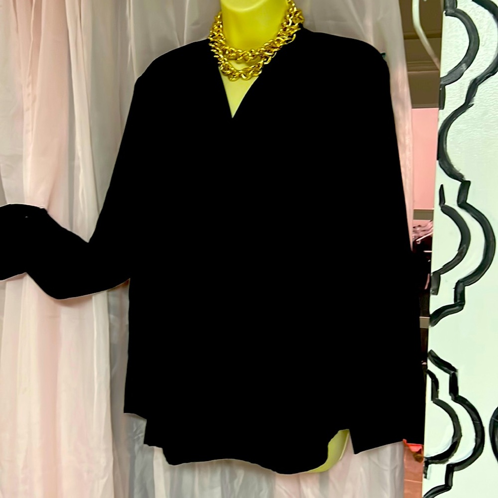 Eileen Fisher classic silk collarless blouse perfect L